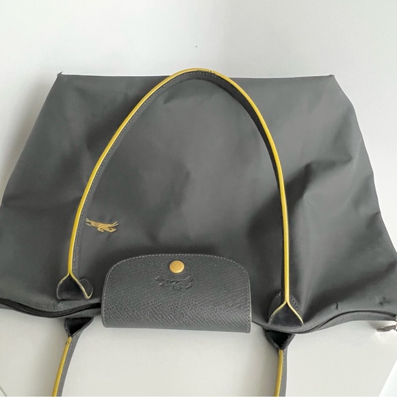 Authentic Longchamp Le Pliage Club Shoulder Shopping Tote – Gray w/ Yellow trim - Picture 9 of 16